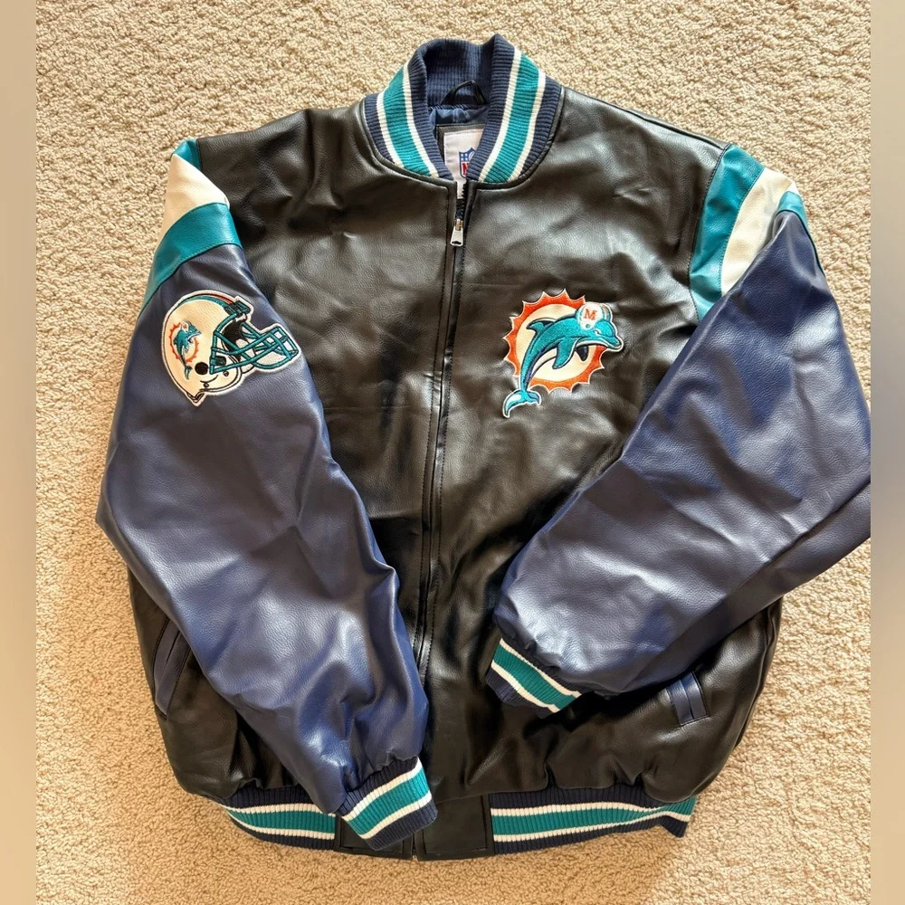 New with tags! NFL Team Apparel Miami Dolphins Faux Leather Bomber Jacket - Picture 1 of 9